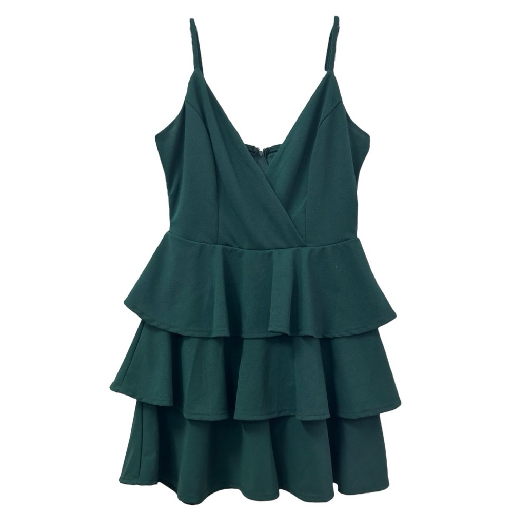 Trixxi Women’s Emerald Green Tiered Ruffle Spaghetti Strap Mini Dress ‎ Sz S